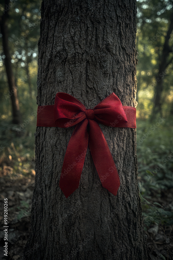 Poster a red ribbon fluttering in the wind, tied to a tree that has weathered countless storms, representin
