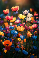 A garden of flowers, each bloom glowing with its own hue, creating a chromatic rhapsody as they sway in the breeze,