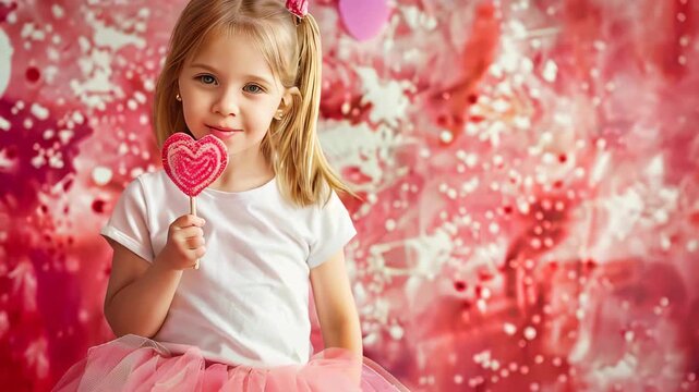 A cute blonde girl in a white t-shirt and pink tutu skirt, holding a heart shaped lollipop