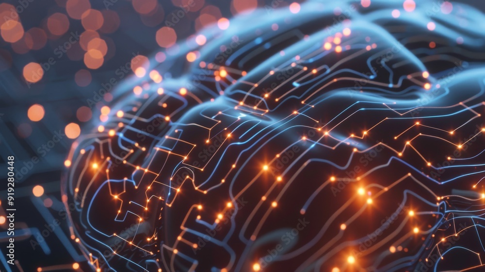 Poster conceptual image of a digital brain made of circuit lines and glowing nodes, symbolizing artificial 