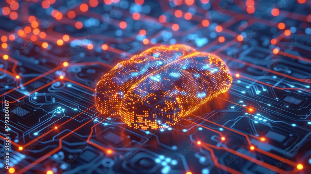 Poster conceptual image of a digital brain made of circuit lines and glowing nodes, symbolizing artificial 