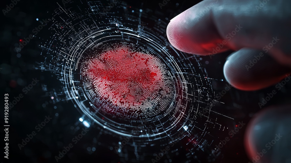 Poster close-up of a finger hovering over a vibrant red fingerprint on a digital interface, symbolizing tec