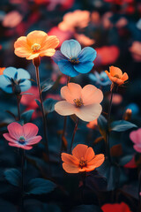 A garden of flowers, each bloom glowing with its own hue, creating a chromatic rhapsody as they sway in the breeze,