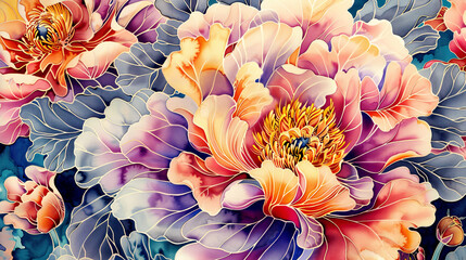 A beautiful Colorful Watercolor Painting Of  Peony Bold Color Intricate Details
