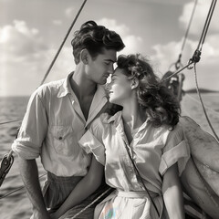 Romantic Couple Embracing on Sailboat, Vintage Black and White Style