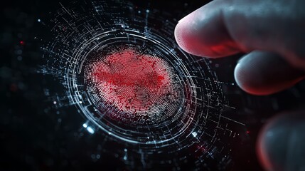Close-up of a finger hovering over a vibrant red fingerprint on a digital interface, symbolizing technology and security.