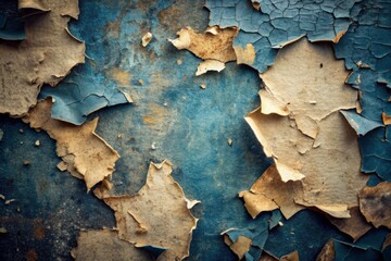 Weathered, aged paper texture with peeling paint fragments on a dark blue, rough concrete surface, evoking a sense of vintage decay and worn, industrial grit.