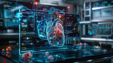 Conceptual image of a digital organ transplant system with holographic displays, showcasing advancements in surgical planning and precision medicine.