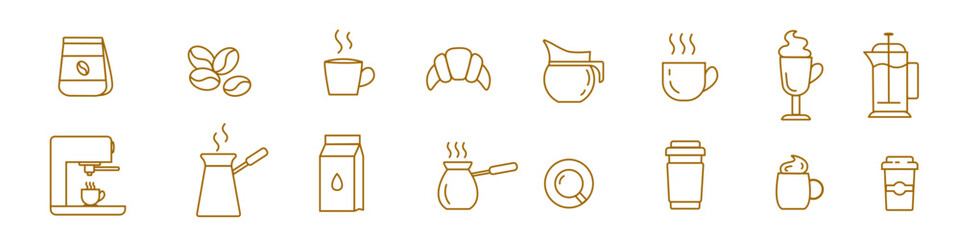 Linear web icons of coffee or tea cups. Late, espresso, ice, coffee maker, coffee beans, cup, croissant. Outline icons in linear style. Vector illustration.
