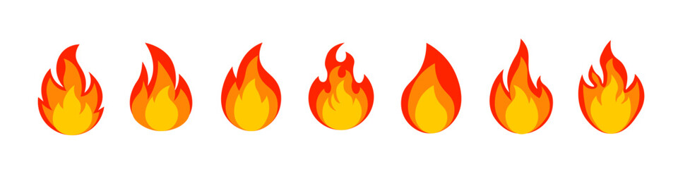 Set of fire icons.
Flaming flame effect in cartoon style.
Collection of fire elements.
Vector illustration