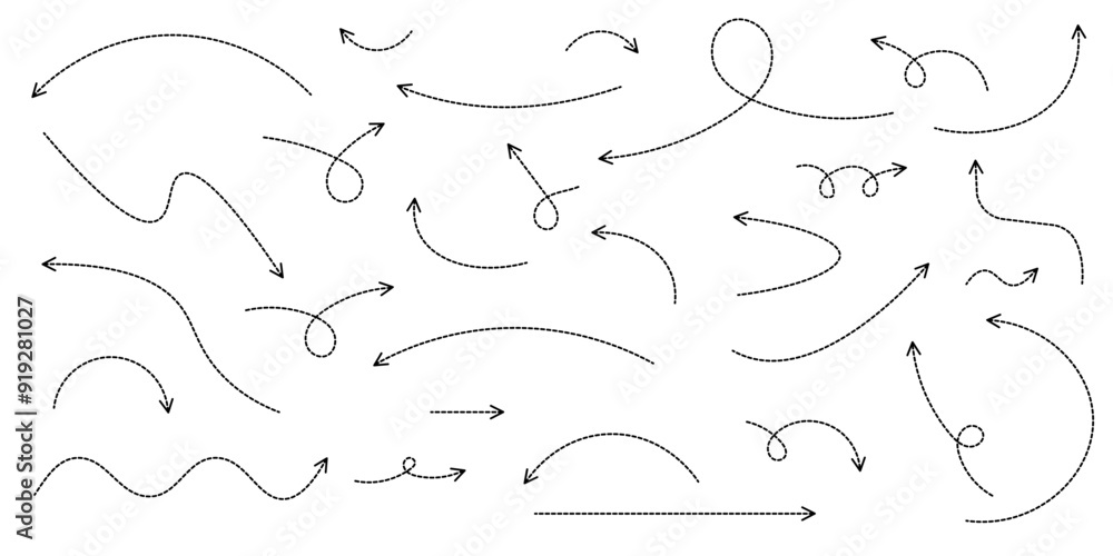 Aufkleber set of black dotted arrows in doodle style. broken arrows in the form of a loop. flow direction. poi