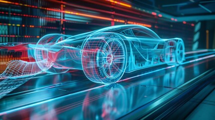 Conceptual image of aerodynamics engineering with wind tunnel designs and flow patterns, showcasing advancements in vehicle performance.