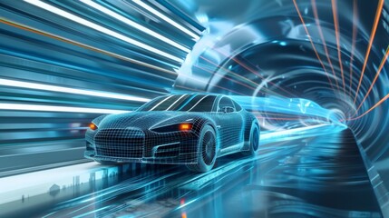 Conceptual image of aerodynamics engineering with wind tunnel designs and flow patterns, showcasing advancements in vehicle performance.