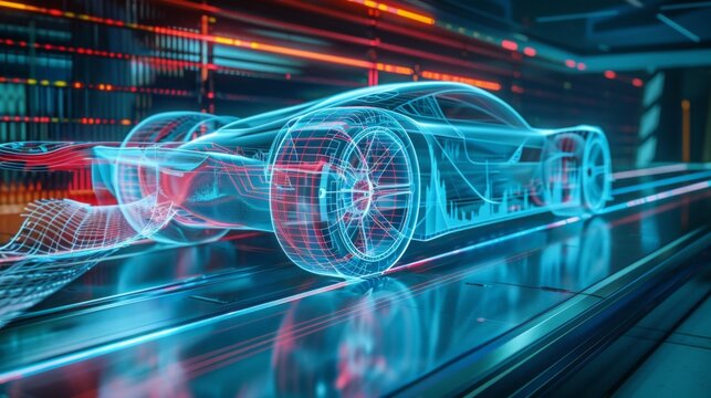 Conceptual image of aerodynamics engineering with wind tunnel designs and flow patterns, showcasing advancements in vehicle performance.