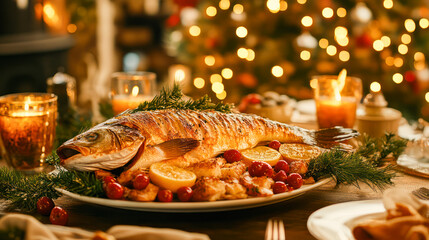 Christmas dinner table with a beautifully prepared fish featuring festive decorations