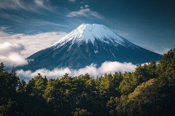 A white snow-capped mountain peak rising above a dark, dense forest. 