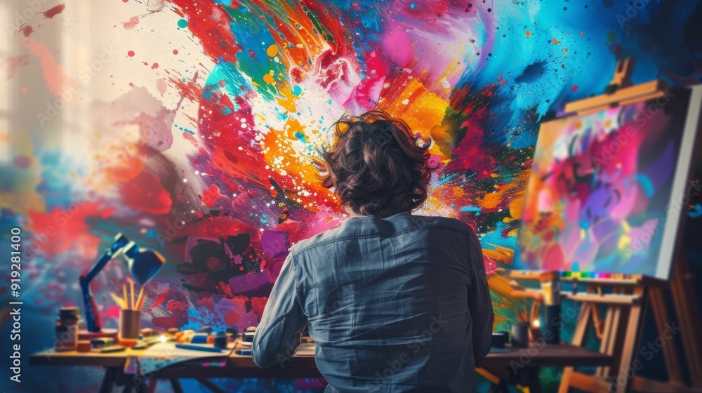 Poster conceptual image of digital creativity with virtual canvases and tech tools, illustrating the role o