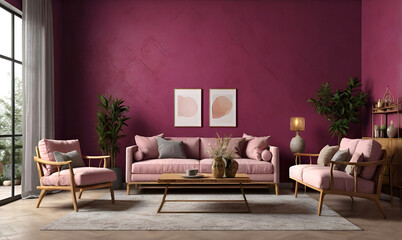 Trendy Living Room Design Viva Magenta Wall Background with Stylish Sofa & Decor