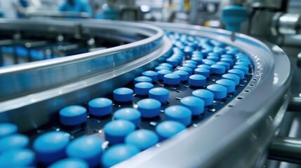 Fototapeta premium Conveyor Belt with Blue Pills in Pharmaceutical Factory