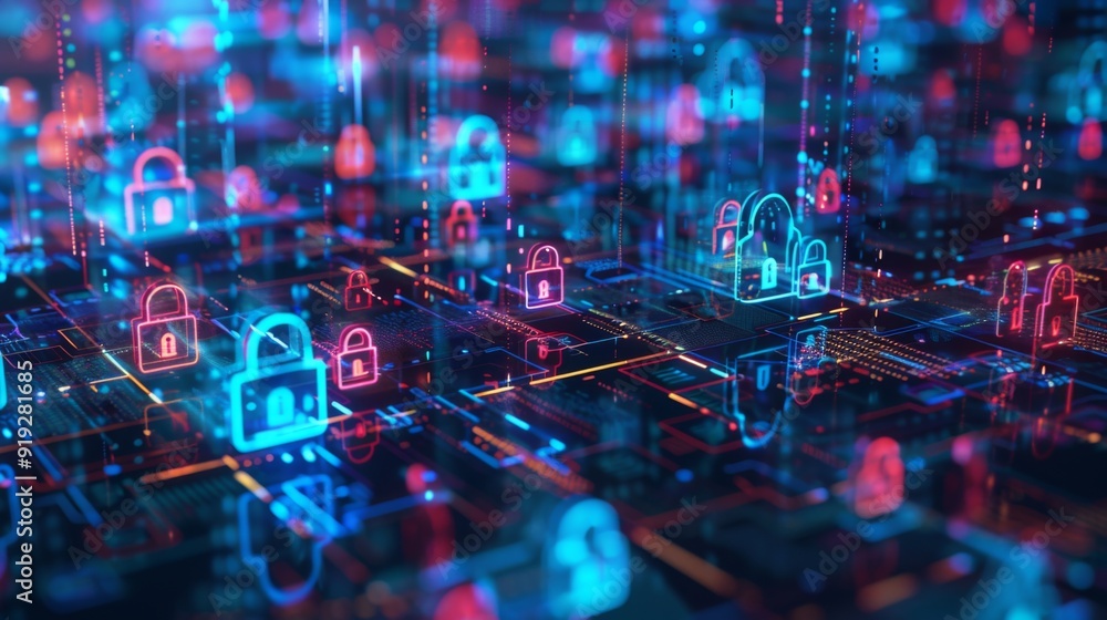 Poster conceptual image of digital security with virtual locks and encrypted data, illustrating the importa