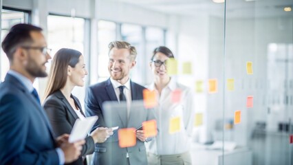 A professional setting showing a team involved in strategic planning with visual aids like graphs and sticky notes.
