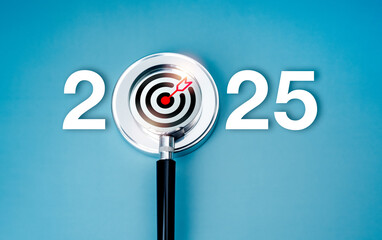 Happy new year 2025 with business marketing goal and trends concept. 2025 calendar number decorated with red target icon focus in magnifier on on round chrome object and blue background, minimalist.