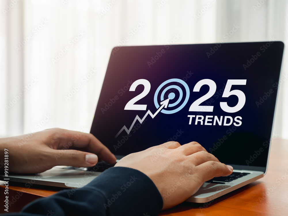 Poster happy new year 2025 with business trends concept. 2025 calendar number with target icon on laptop co