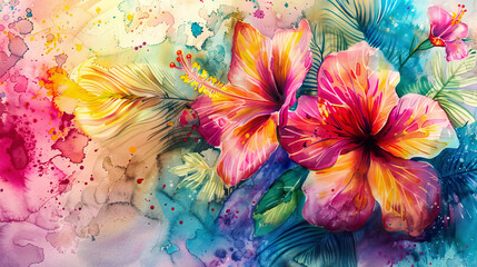 Hibiscus colorful watercolor painting, splattering, energetic composition, textured paper background