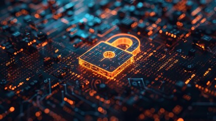Cybersecurity concept with a digital padlock over a matrix of binary code, illustrating data protection and secure connections in a virtual world.