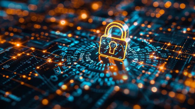 Cybersecurity concept with a digital padlock over a matrix of binary code, illustrating data protection and secure connections in a virtual world.