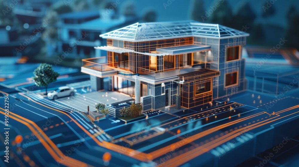 Poster digital construction technology with virtual blueprints and 3d models, showcasing tech innovations i