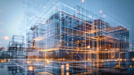 Digital construction technology with virtual blueprints and 3D models, showcasing tech innovations in building and design.