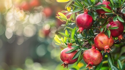 Obraz premium Fresh pomegranate fruit in plantation farm closeup view