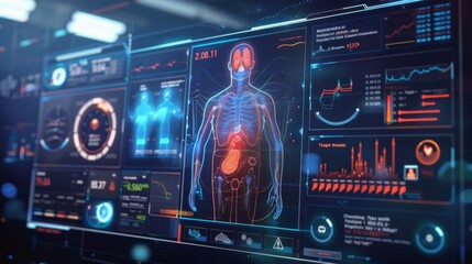 Digital display of a patient health dashboard with vital statistics and predictive analytics, illustrating innovation in personalized healthcare.