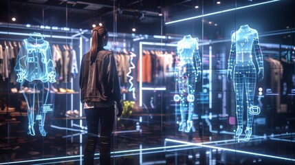 Digital fashion technology with virtual garments and interactive designs, showcasing tech innovations in the clothing industry.