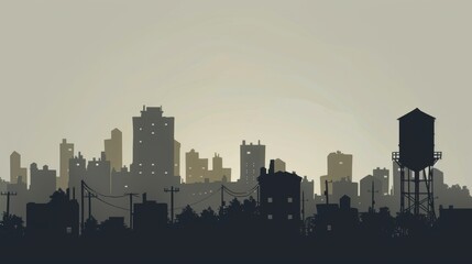 Naklejka premium minimalism illustration, silhouette of a city skyline with residential buildings and a water tower, flat illustration on soft gray background, empty copy space, lofi style illustration