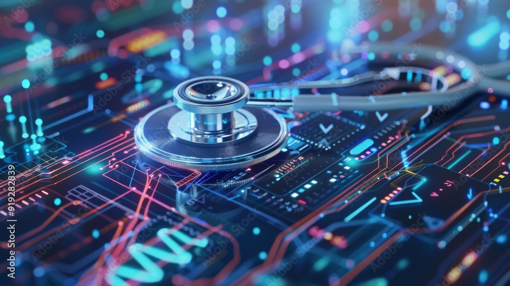 Poster digital health technology with virtual stethoscopes and data streams, emphasizing telemedicine and t
