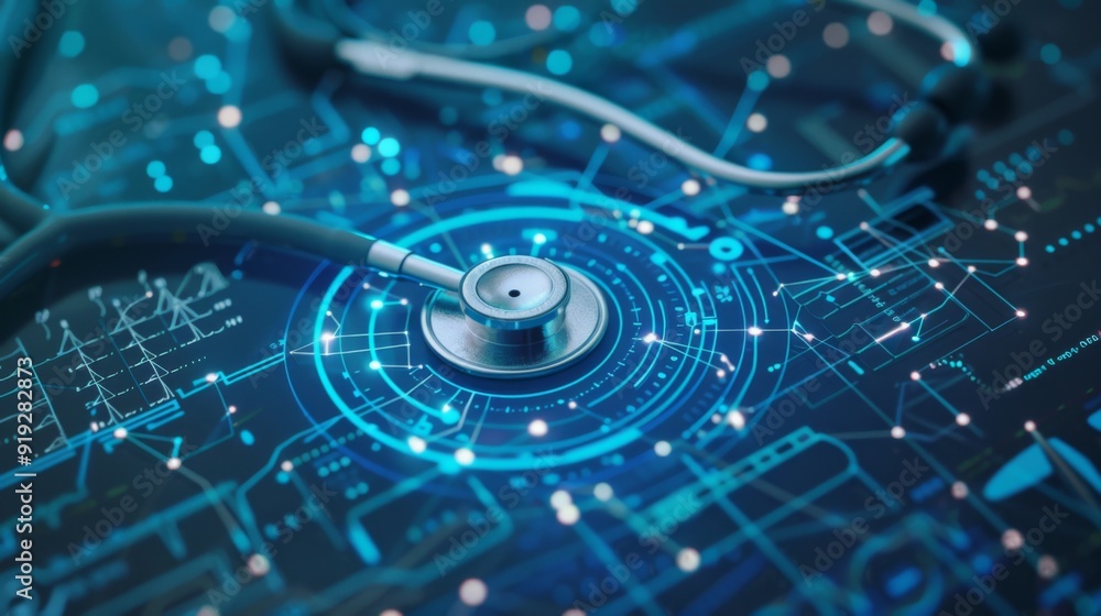 Poster digital health technology with virtual stethoscopes and data streams, emphasizing telemedicine and t