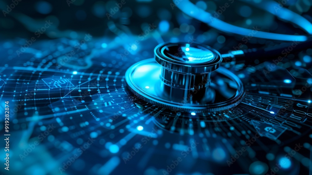 Poster digital health technology with virtual stethoscopes and data streams, emphasizing telemedicine and t