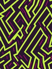 Abstract geometric pattern with green and pink lines on a black background.