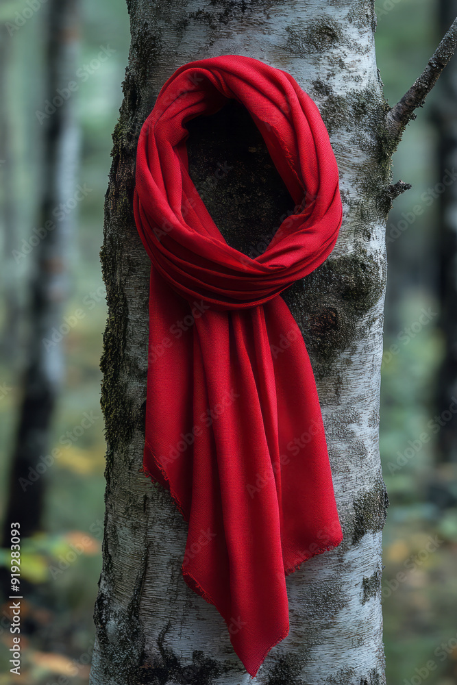 Poster a red scarf blowing in the wind, tied to a tree that has stood the test of time, representing the re