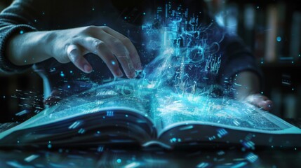 Digital publishing technology with virtual books and multimedia elements, highlighting tech innovations in storytelling.