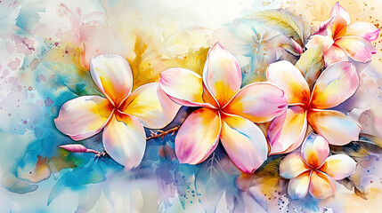 plumeria colorful watercolor painting, rich hues, light background