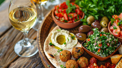 a vibrant Mediterranean feast, including hummus, falafel, tabbouleh, pita bread, and olives, served on a wooden platter with a backdrop of fresh herbs and a glass of white wine