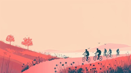 Minimalism illustration, silhouette of a picturesque countryside path with cyclists and walkers, flat illustration on light peach background, empty copy space, lofi style illustration