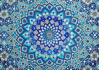 Obraz premium Intricate Islamic geometric patterns and arabesque designs in soothing cool blue hues create a visually stunning and serene background for various design applications.
