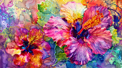 Vibrant hibiscus in loose and freeform colorful watercolor painting, dynamic shapes, textured paper background