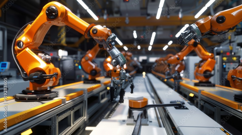 Poster engineering concept of an automated factory line with robotic arms and digital controls, highlightin