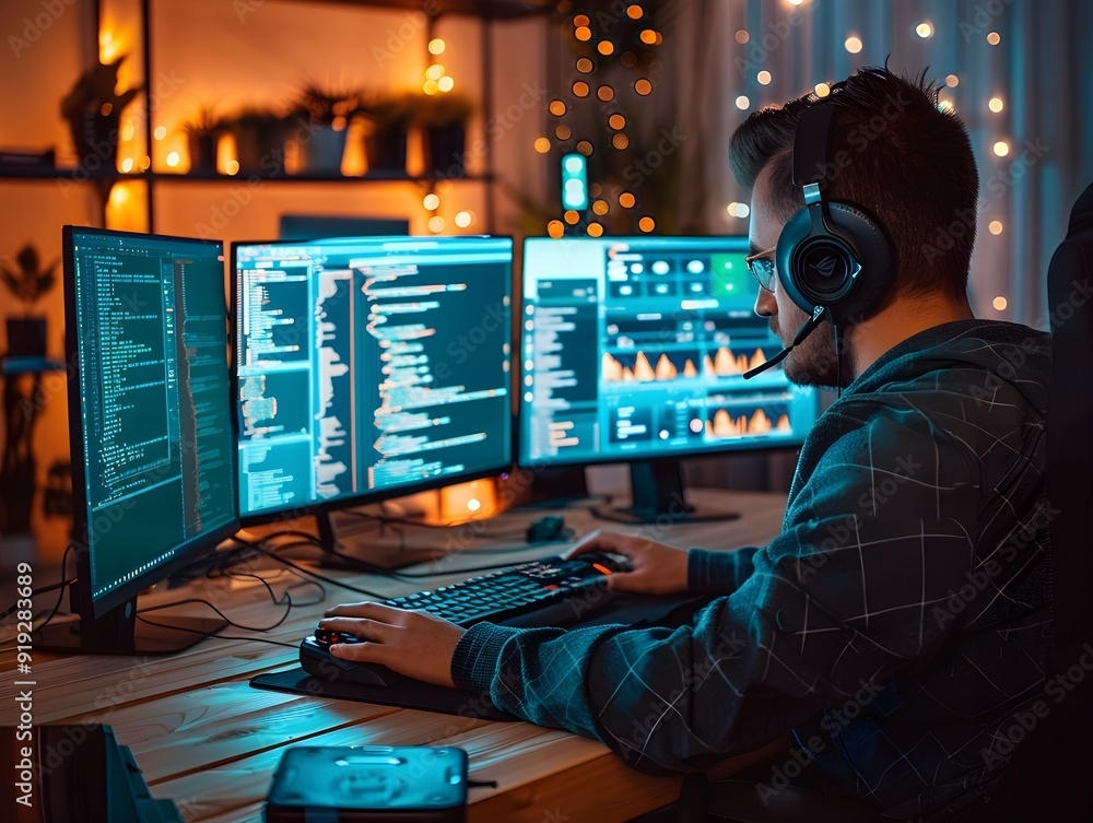 Poster young man coding and gaming at a dual-monitor setup during the evening in a cozy room with ambient l