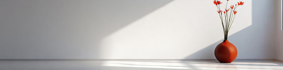 Neutral Sanctuary: A minimalistic room with white walls and floor, showcasing a single accent color through a vase or artwork.